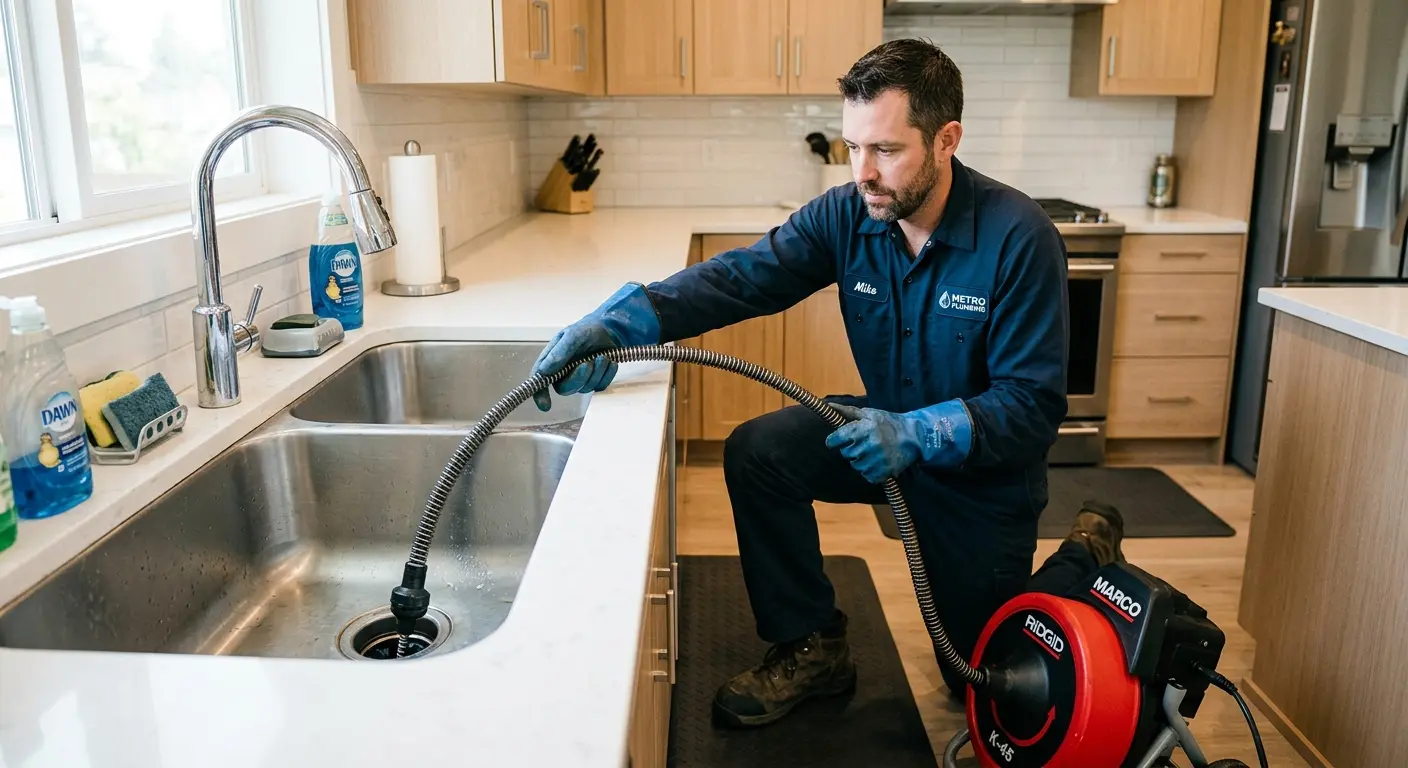 Drain cleaning technician using a motorized snake on a kitchen sink in St. Charles