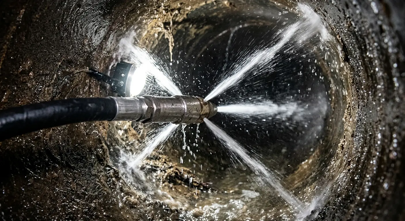 High-pressure hydro jetting nozzle cleaning sewer pipe for Emergency Drain Service in St. Charles