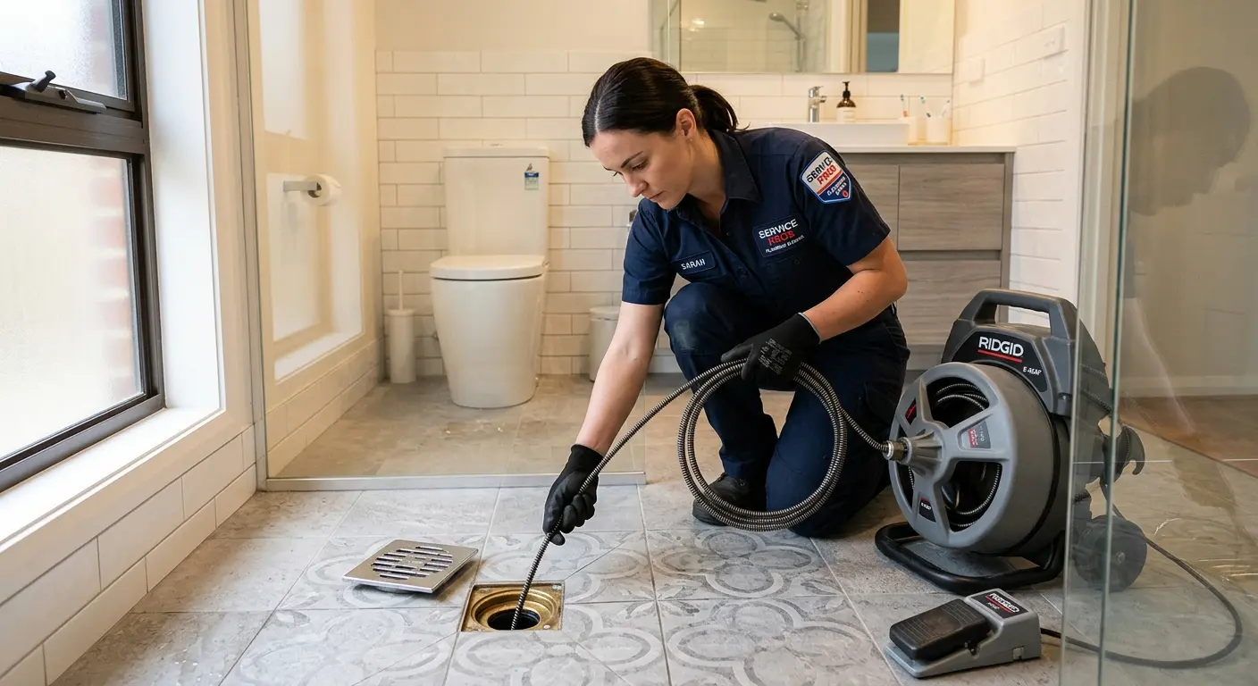 Technician clearing a bathroom floor drain for Drain Cleaning in St. Charles